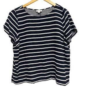 J Jill Top Large Top‎ Striped Navy Blue Cotton Gauzy Short Sleeve Casual Shirt